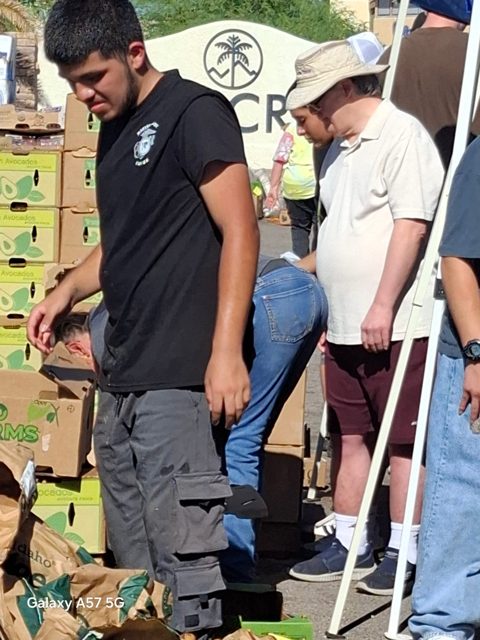 Two people exploring an outdoor wooden display