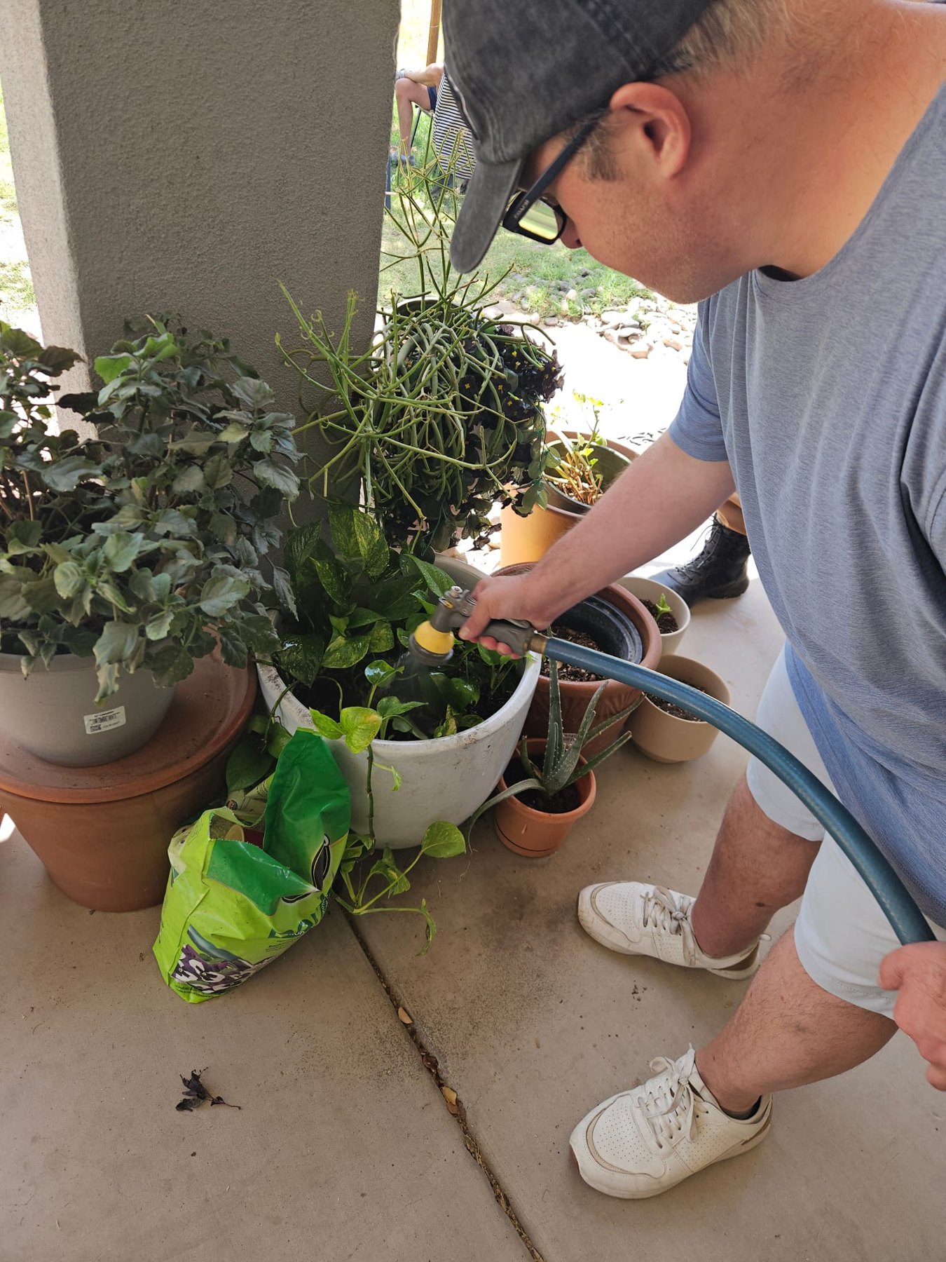 A Quincea member tending potted plants