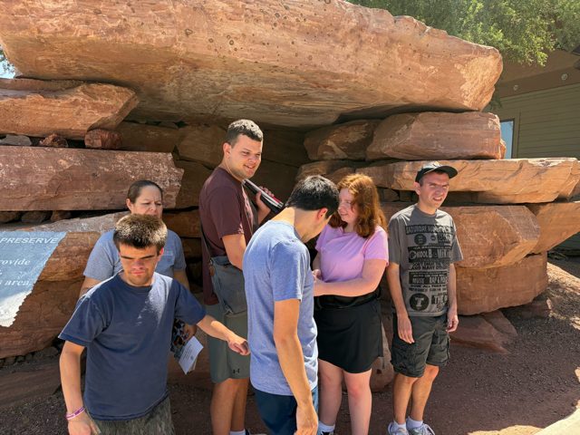Exploring the rock-lined exhibits