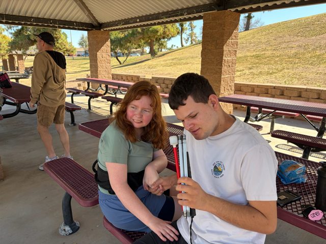 Sharing a moment at the picnic shelter