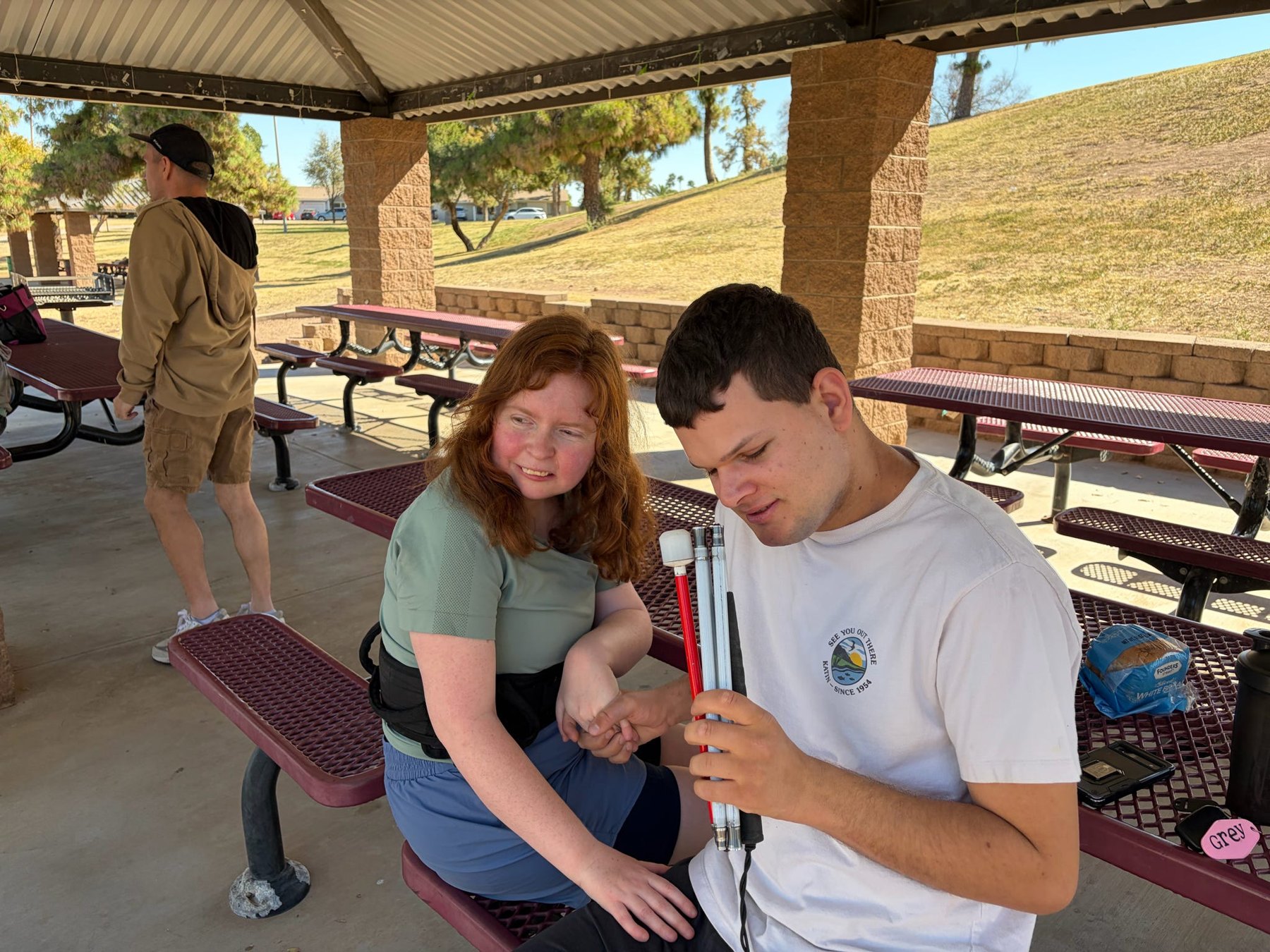 Sharing a moment at the picnic shelter